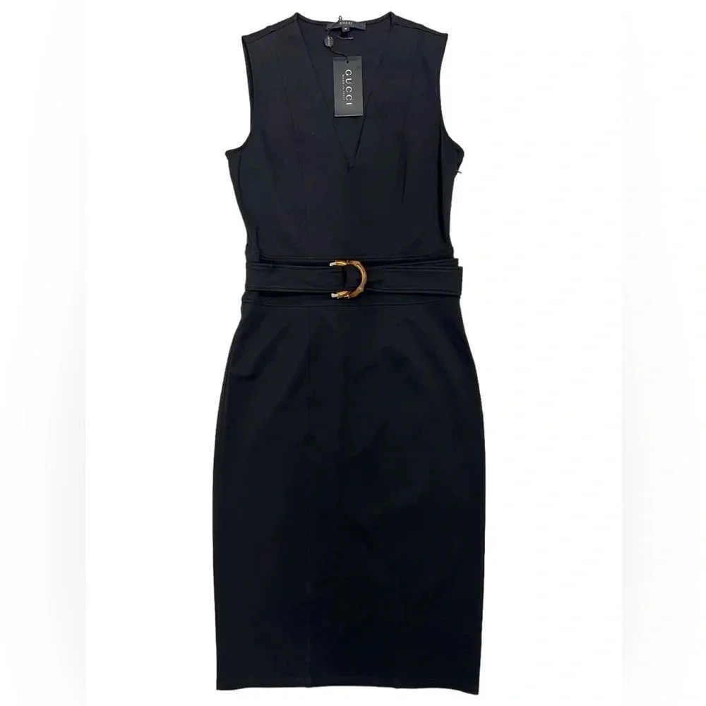 GUCCI Fitted Sleeveless V-neck Bamboo Belted Sheath Dress Black Luxury Size M - Picture 2 of 12